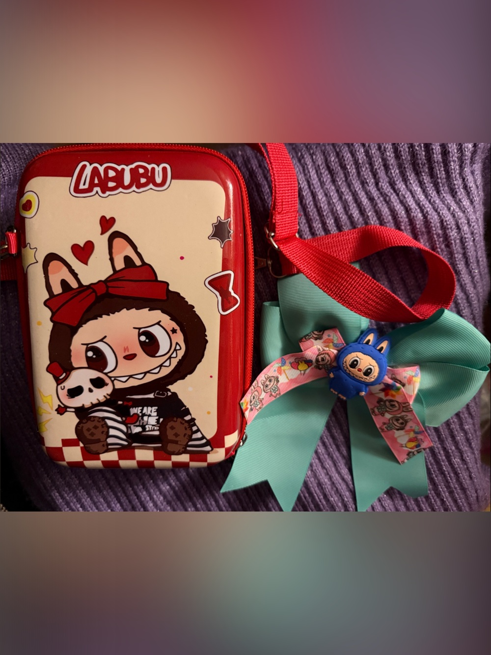 Red Labubu  Crossbody Bag with Mint Labubu bow